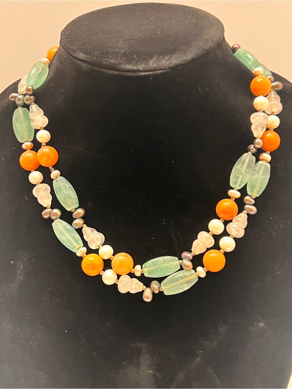 Multicolor Beaded Necklace with Green and Orange Accents